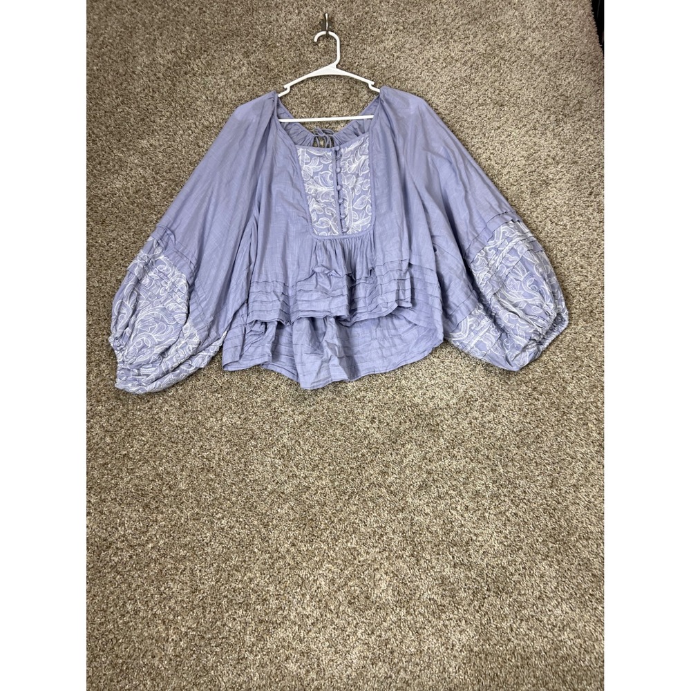 Anthropologie Embroidered Balloon Sleeve Peasant Blouse Periwinkle Blue 1X